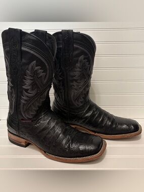 TEXAS COUNTRY Black Exotic Caiman Leather Square Toe Cowboy Boots Mens Size 9